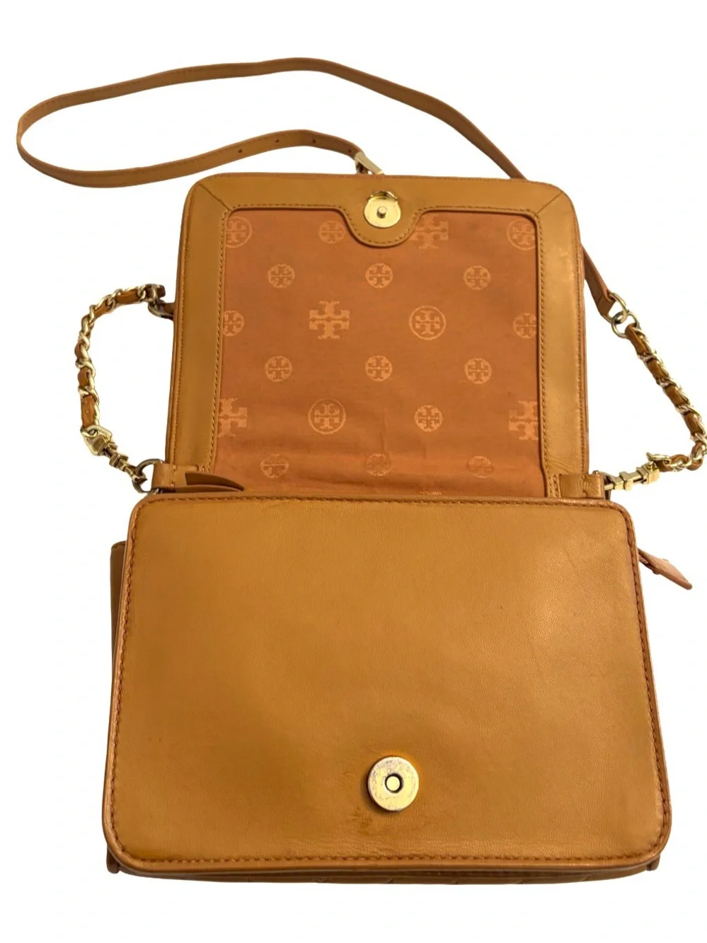 Tory Burch Alexa Crossbody Bag Quilted Chevron Tan Leather $428 Retail Gold Logo
